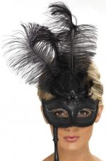 Venezianische Stabmaske Schwarz Mit Federn - Masken